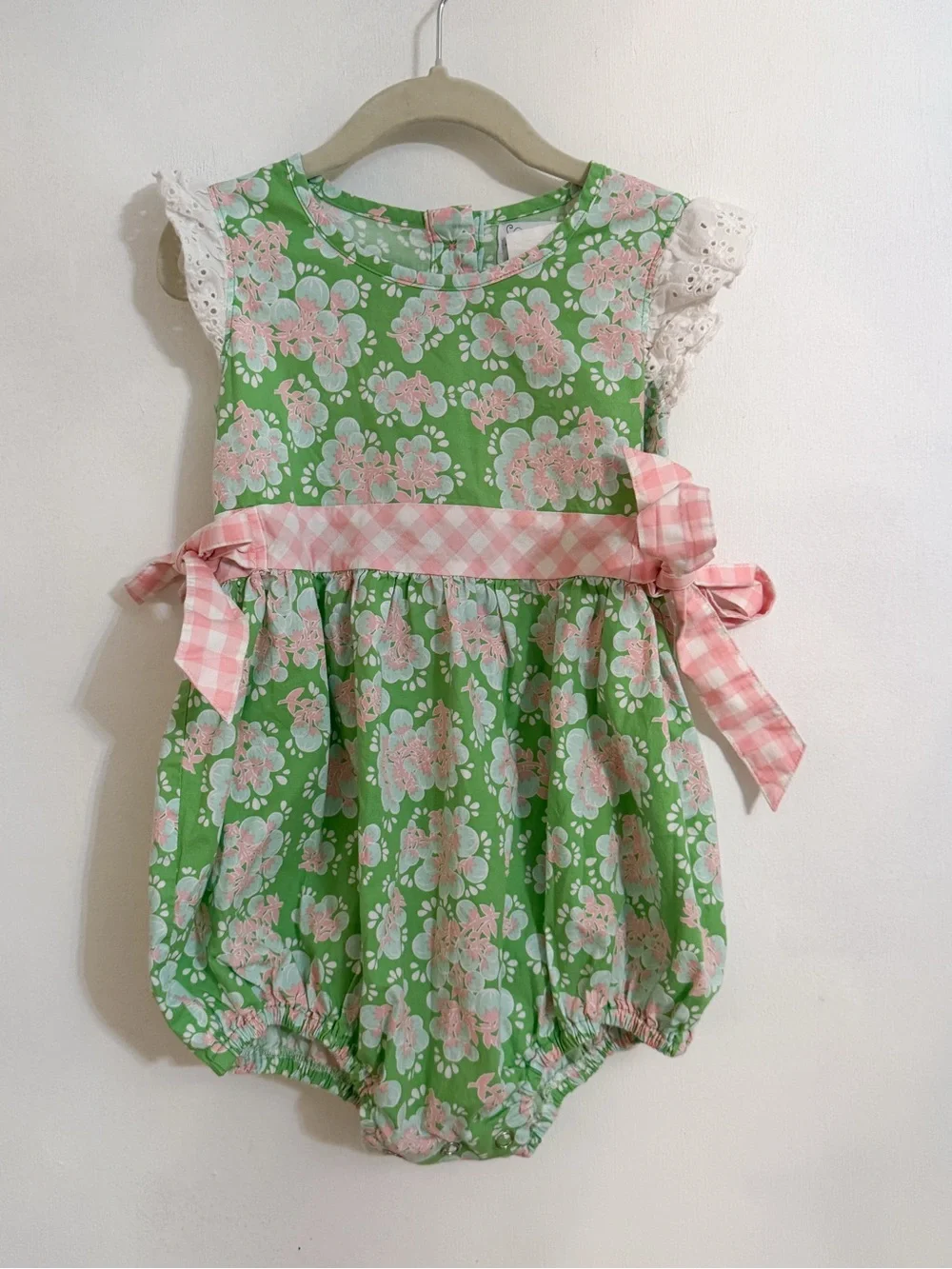 Serendipity Green Floral Baby Bubble Onesie with Pink Gingham Bows 2T-3T